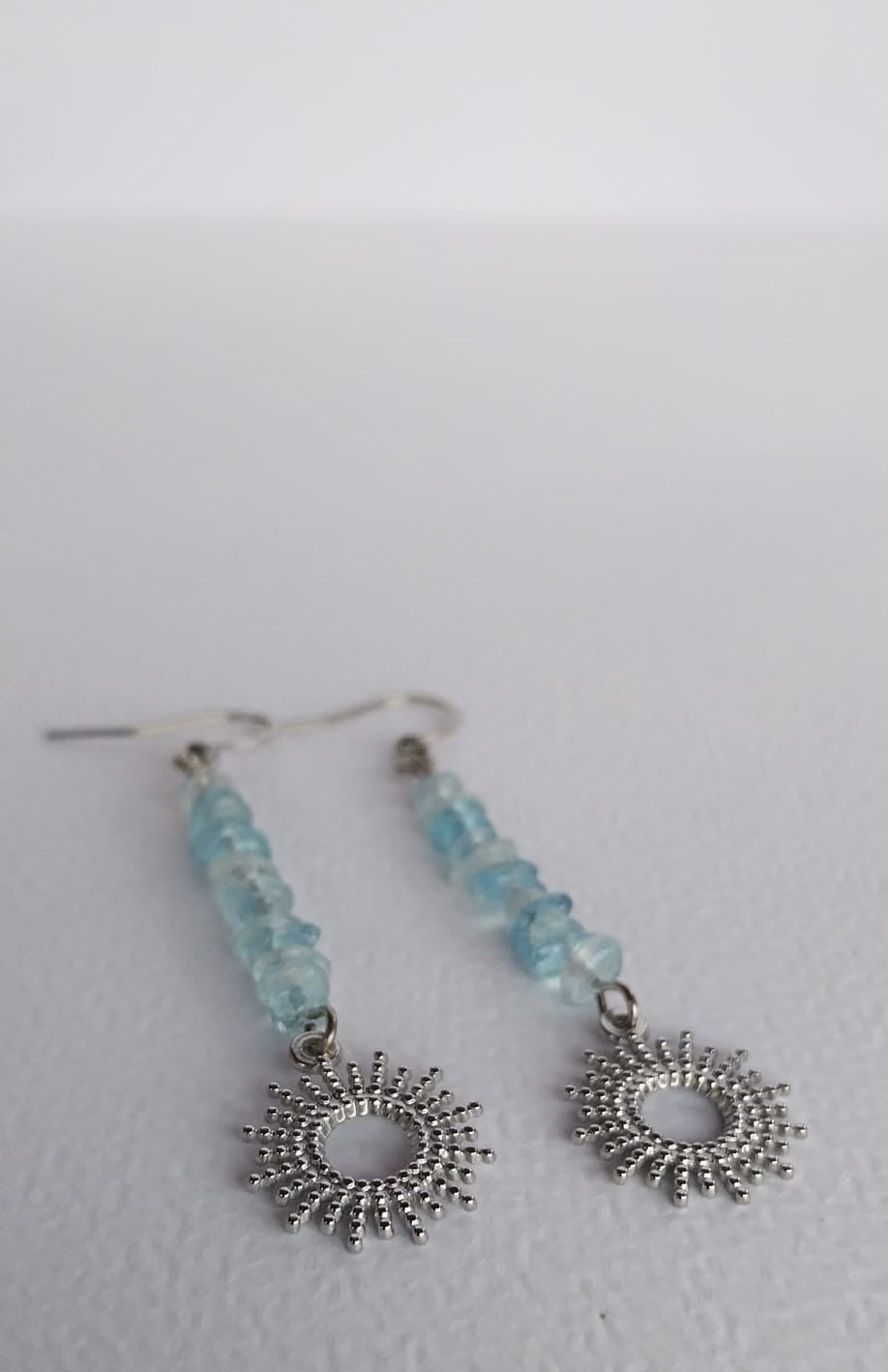 Boucles d'oreille aigue-marine et petit soleil argent