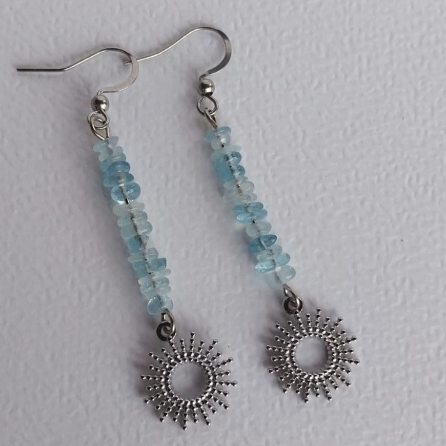 Boucles d'oreille aigue-marine et petit soleil argent