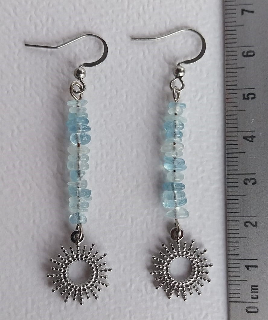 Boucles d'oreille aigue-marine et petit soleil argent