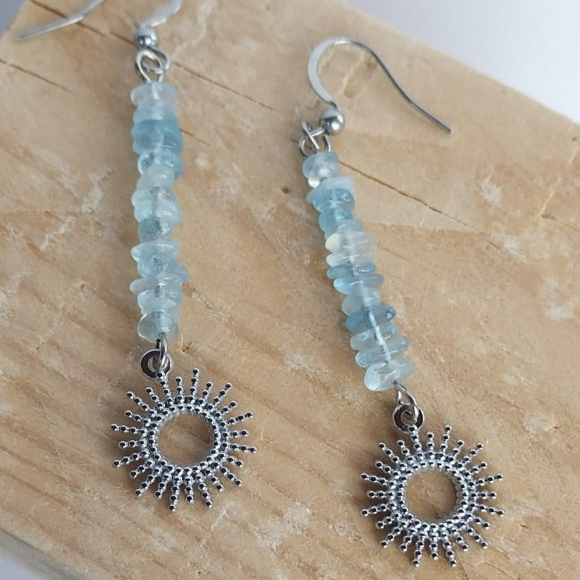 Boucles d'oreille aigue-marine et petit soleil argent